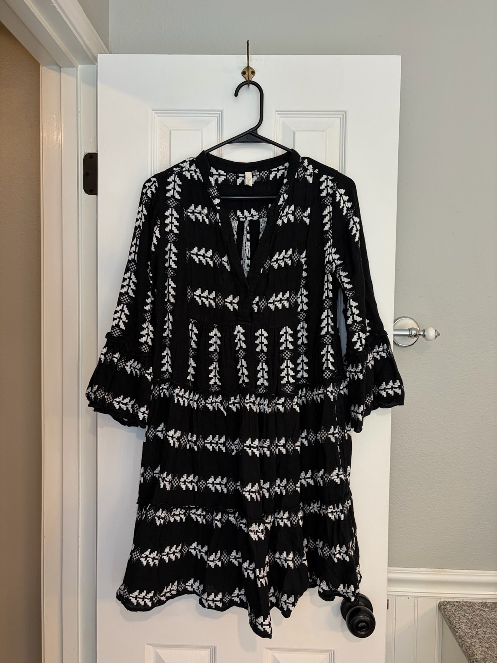 ELAN Boho Embroidered Dress Women’s Medium Black Cream Cotton